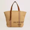 24,7-Tote-Bag aus natürlicher Raffia und braunem Leder mit goldfarbenen Metallik-Details