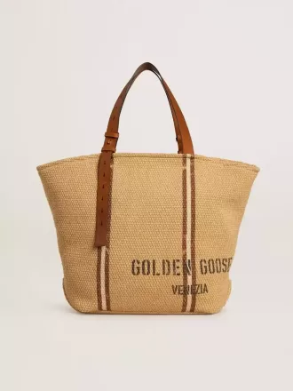 24,7-Tote-Bag aus natürlicher Raffia und braunem Leder mit goldfarbenen Metallik-Details