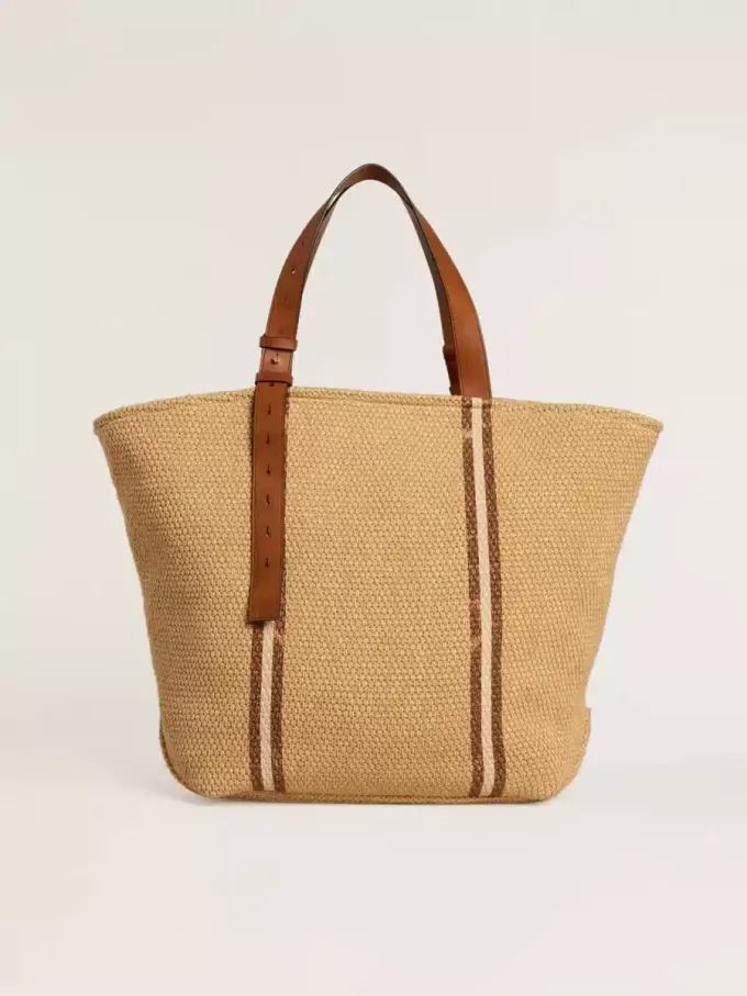 24,7-Tote-Bag aus natürlicher Raffia und braunem Leder mit goldfarbenen Metallik-Details