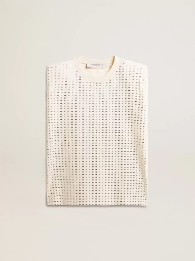 Altweißes, ärmelloses T-Shirt mit Kristallverzierung