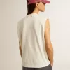 Altweißes, ärmelloses T-Shirt mit Kristallverzierung