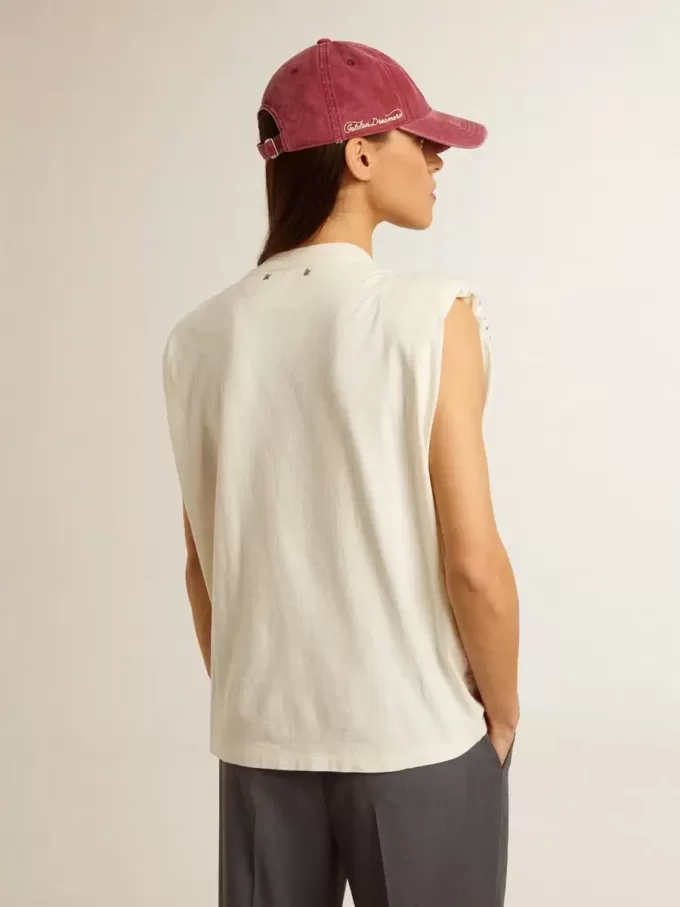 Altweißes, ärmelloses T-Shirt mit Kristallverzierung
