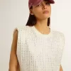 Altweißes, ärmelloses T-Shirt mit Kristallverzierung