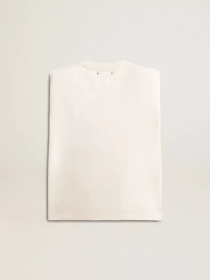 Altweißes, ärmelloses T-Shirt mit Kristallverzierung