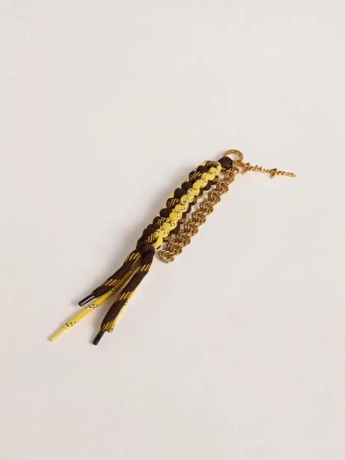 Anhänger mit gelben und braunen geknoteten Wanderschnürsenkeln mit Kette Anhänger mit gelben und braunen geknoteten Wanderschnürsenkeln mit Kette