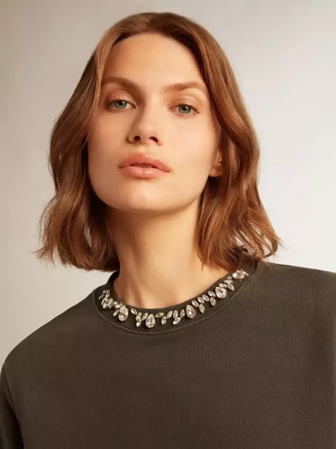 Anthrazitgraues Sweatshirt für Damen mit Kristallen Anthrazitgraues Sweatshirt für Damen mit Kristallen