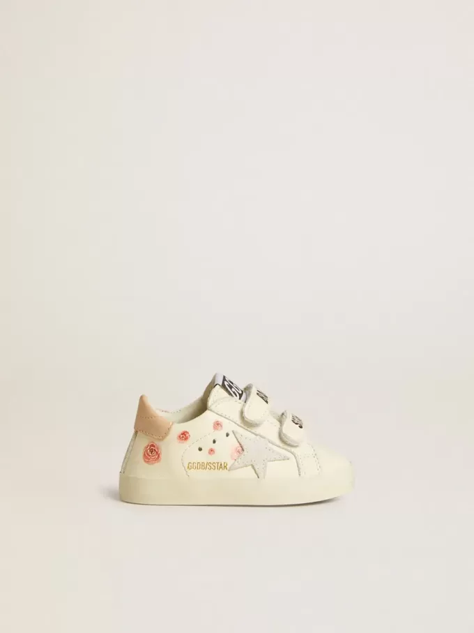 Baby School aus Nappaleder mit rosa Rosenmotiv und weißem Wildlederstern Baby School aus Nappaleder mit rosa Rosenmotiv und weißem Wildlederstern