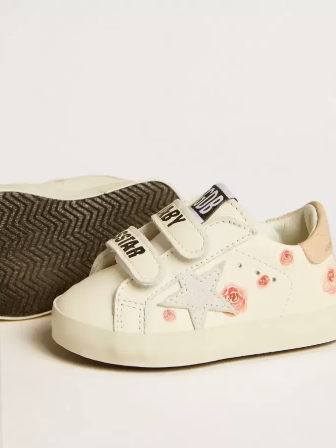 Baby School aus Nappaleder mit rosa Rosenmotiv und weißem Wildlederstern Baby School aus Nappaleder mit rosa Rosenmotiv und weißem Wildlederstern