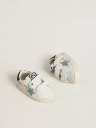 Baby School aus weißem Nappaleder mit hellblauem Wildlederstern und Tennismotiv