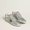 Ball Star für Damen aus silbernem Nylon mit grünem Lederstern und Fersenlasche Ball Star für Damen aus silbernem Nylon mit grünem Lederstern und Fersenlasche