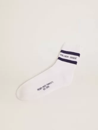 Baumwollsocken mit Distressed-Finish, blauen Streifen und Logo