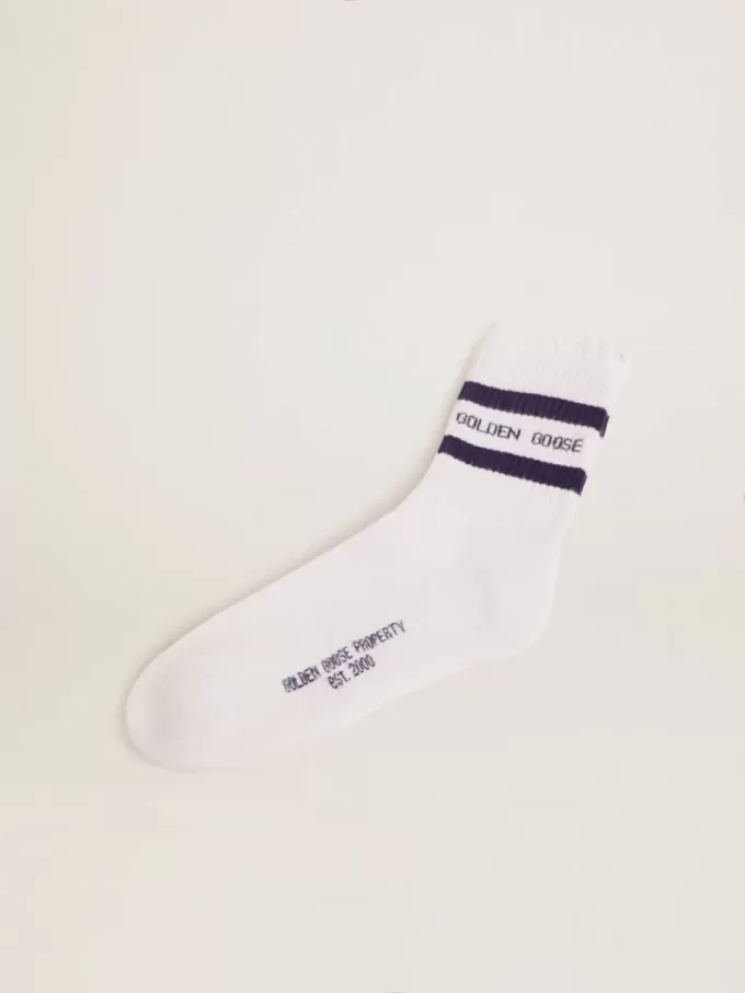 Baumwollsocken mit Distressed-Finish, blauen Streifen und Logo