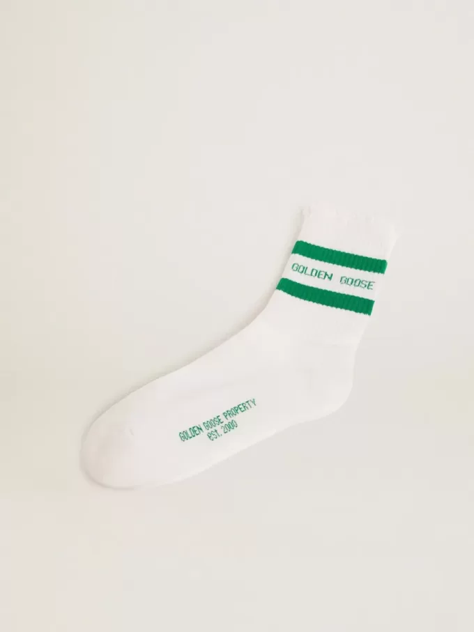 Baumwollsocken mit Distressed-Finish, grünen Streifen und Logo