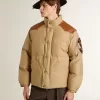 Beige Bomberjacke mit Leder- und Patch-Details