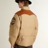 Beige Bomberjacke mit Leder- und Patch-Details