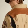 Beige Bomberjacke mit Leder- und Patch-Details