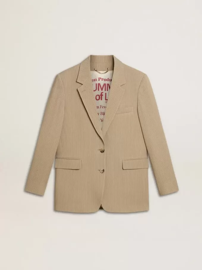 Beigefarbene Damenjacke mit Nadelstreifen und einreihiger Knopfleiste in Oversize-Passform