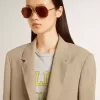 Beigefarbene Damenjacke mit Nadelstreifen und einreihiger Knopfleiste in Oversize-Passform
