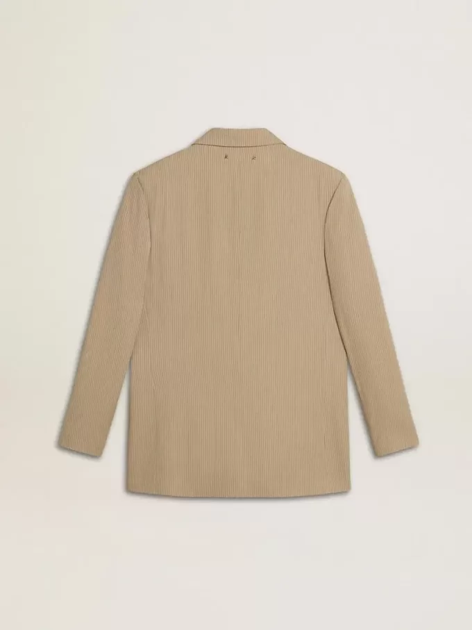 Beigefarbene Damenjacke mit Nadelstreifen und einreihiger Knopfleiste in Oversize-Passform