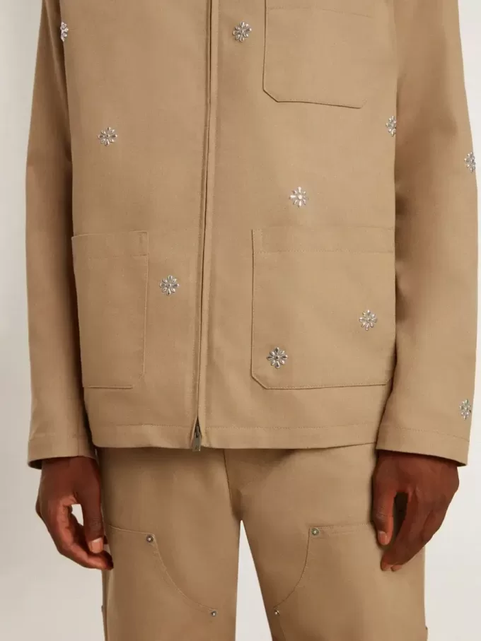 Beigefarbene Herrenjacke mit Blumenstickerei und durchgehendem Reißverschluss Beigefarbene Herrenjacke mit Blumenstickerei und durchgehendem Reißverschluss