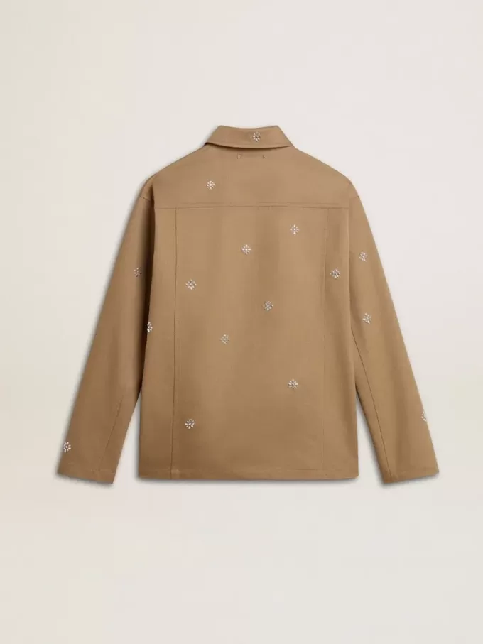 Beigefarbene Herrenjacke mit Blumenstickerei und durchgehendem Reißverschluss Beigefarbene Herrenjacke mit Blumenstickerei und durchgehendem Reißverschluss