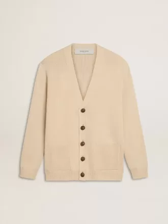 Beigefarbene Herrenstrickjacke mit „Golden”-Schriftzug auf der Rückseite