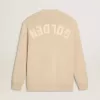 Beigefarbene Herrenstrickjacke mit „Golden”-Schriftzug auf der Rückseite