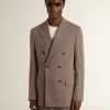 Beiger Herrenblazer aus Wollmischung mit Chevron-Muster und doppelter Knopfleiste
