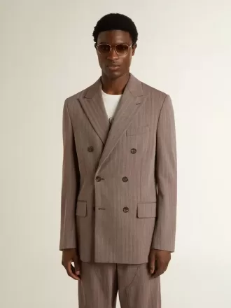 Beiger Herrenblazer aus Wollmischung mit Chevron-Muster und doppelter Knopfleiste