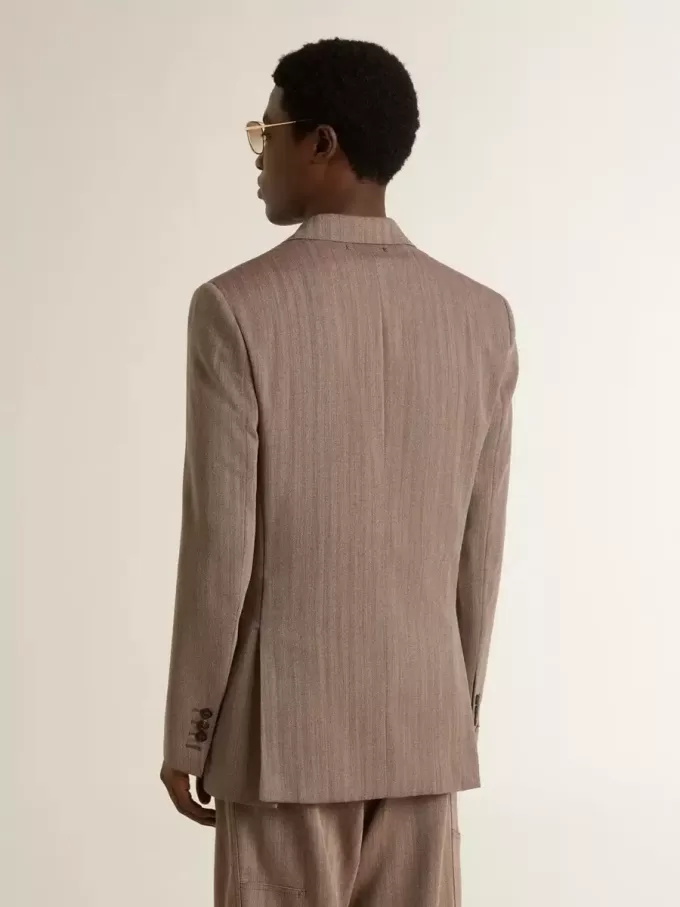 Beiger Herrenblazer aus Wollmischung mit Chevron-Muster und doppelter Knopfleiste