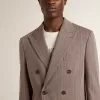 Beiger Herrenblazer aus Wollmischung mit Chevron-Muster und doppelter Knopfleiste