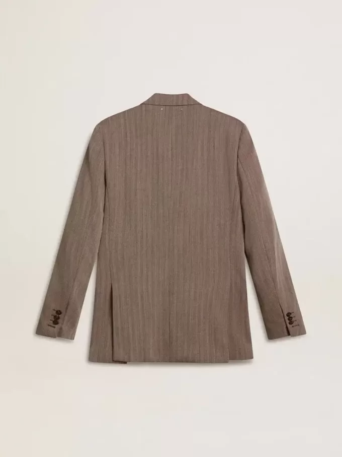 Beiger Herrenblazer aus Wollmischung mit Chevron-Muster und doppelter Knopfleiste