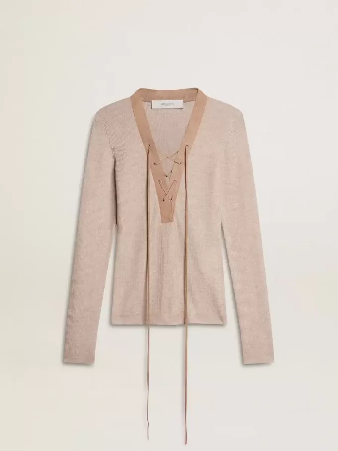 Beiger Wollpullover mit Lederdetails
