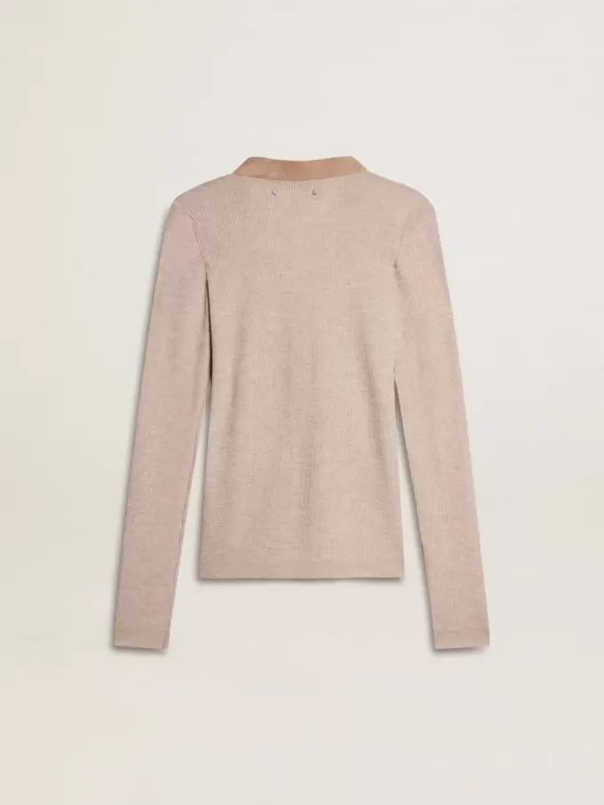 Beiger Wollpullover mit Lederdetails