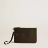 Beutel aus schwarzem Leder mit geprägtem Logo