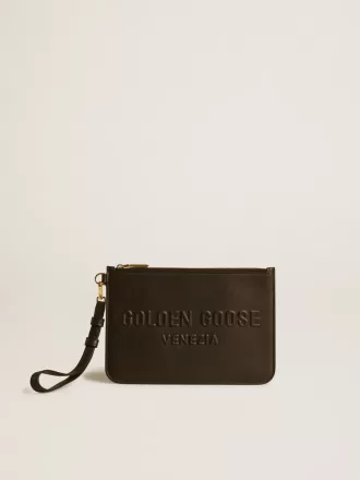Beutel aus schwarzem Leder mit geprägtem Logo
