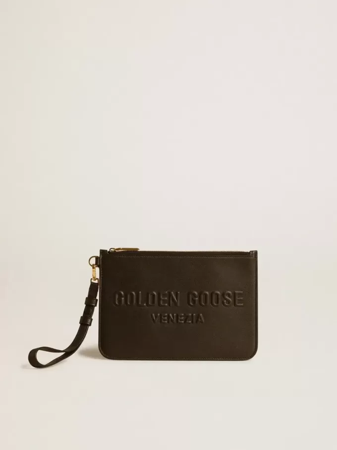 Beutel aus schwarzem Leder mit geprägtem Logo