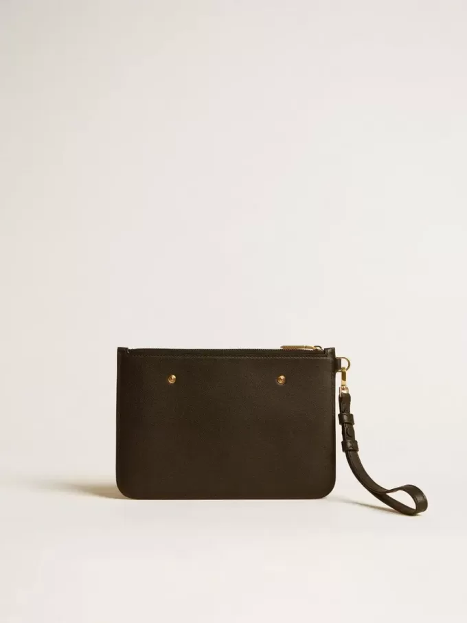 Beutel aus schwarzem Leder mit geprägtem Logo