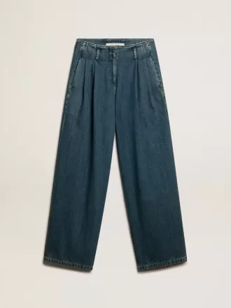 Blaue Damenhose aus Baumwolle mit Falten