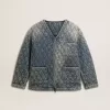 Blaue Steppjacke für Damen aus Baumwolldenim mit Used-Look