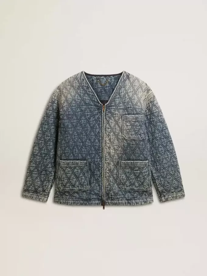 Blaue Steppjacke für Damen aus Baumwolldenim mit Used-Look