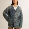 Blaue Steppjacke für Damen aus Baumwolldenim mit Used-Look