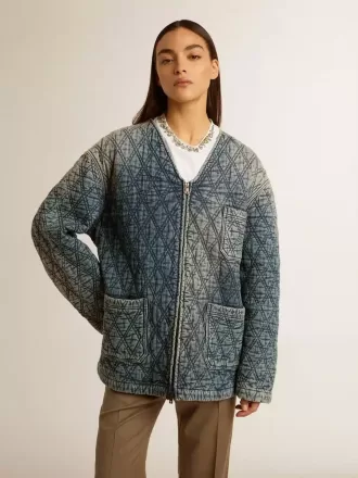 Blaue Steppjacke für Damen aus Baumwolldenim mit Used-Look