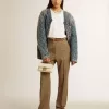 Blaue Steppjacke für Damen aus Baumwolldenim mit Used-Look