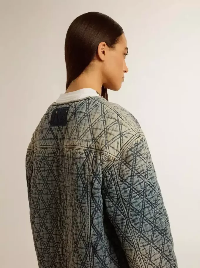 Blaue Steppjacke für Damen aus Baumwolldenim mit Used-Look