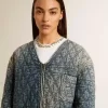 Blaue Steppjacke für Damen aus Baumwolldenim mit Used-Look