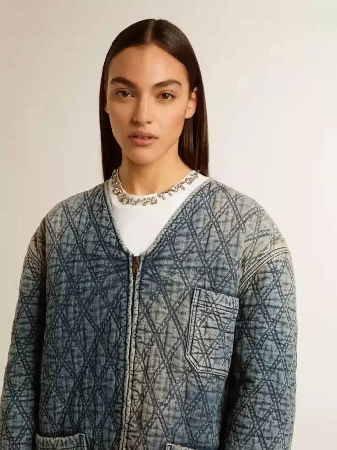Blaue Steppjacke für Damen aus Baumwolldenim mit Used-Look