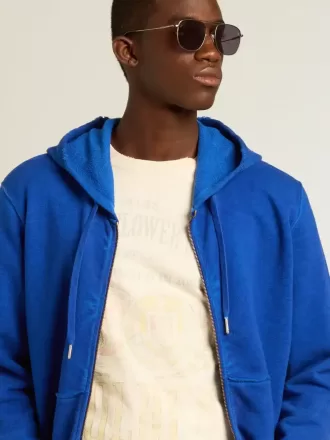 Blauer Herren-Hoodie mit Schriftzug auf der Rückseite