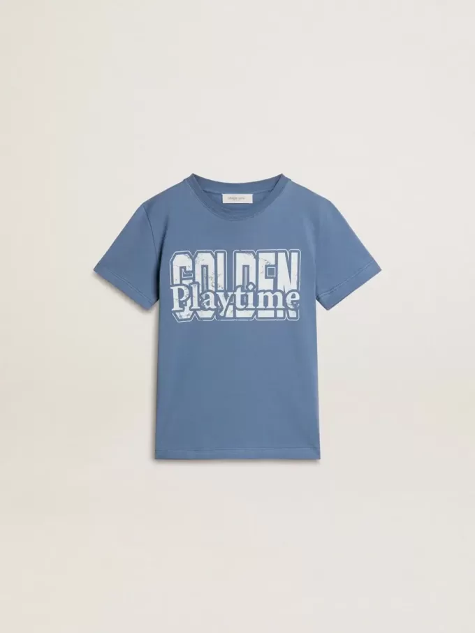 Blaues T-Shirt für Jungen mit weißem Aufdruck