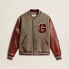 Bomberjacke aus grau melierter Wolle mit Lederärmeln Bomberjacke aus grau melierter Wolle mit Lederärmeln